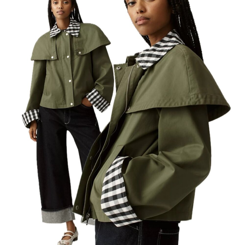 Avec Les Filles Olive Green Cape-Style Jacket with Black & White Gingham Trim